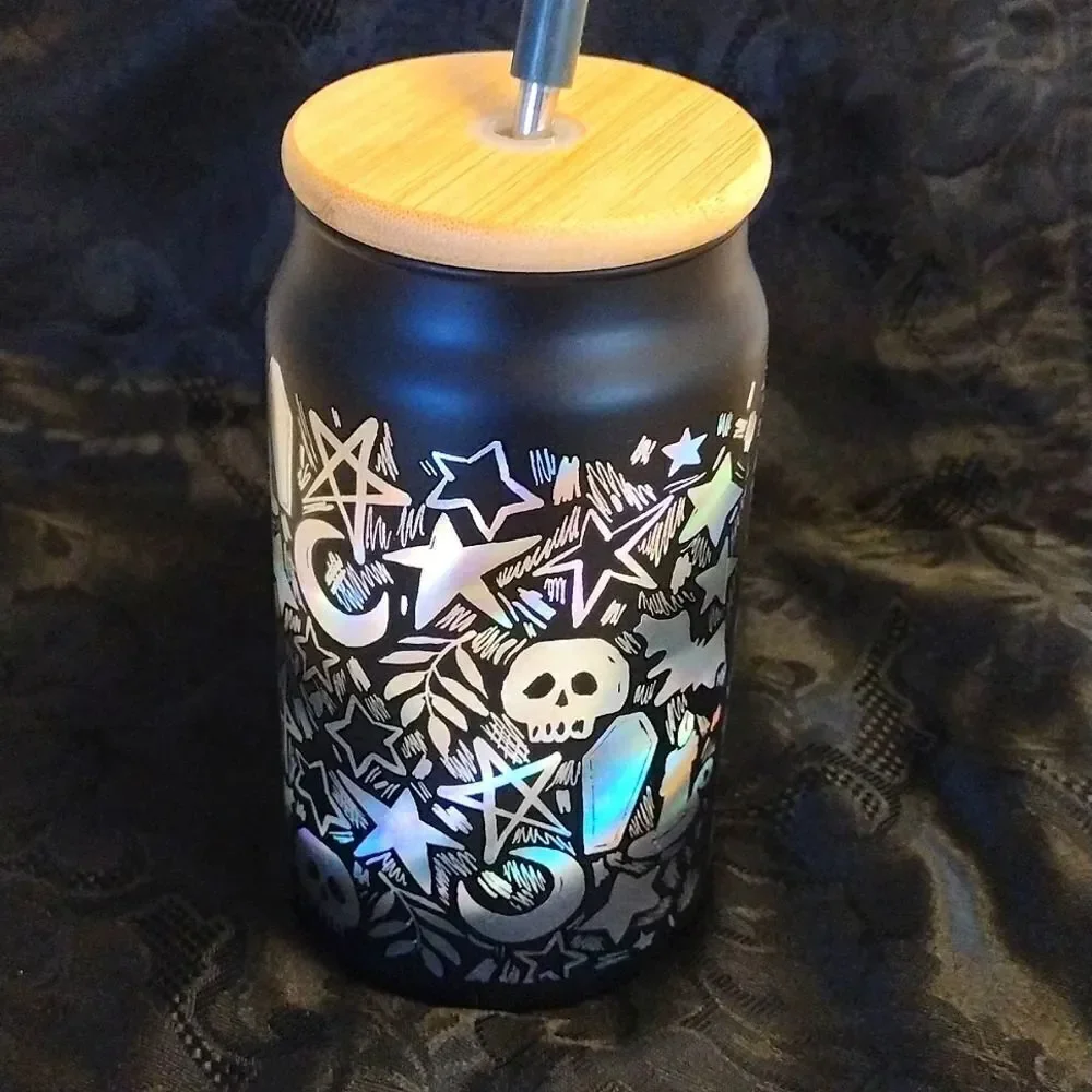 Halloween Black Iridescent‎ Skulls Printed Glass Coffee Cup with Straw NWT